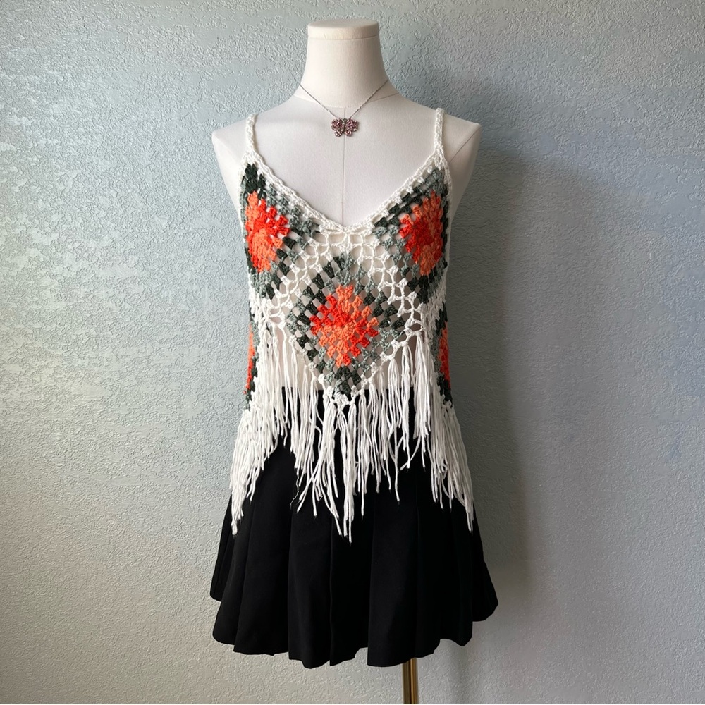 Boho Crochet Fringe Top Granny Square Festival Coachella Western Vibes S